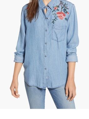 Rails Ingrid Embroidered Chambray Shirt XS Rose Detail Denim Top
